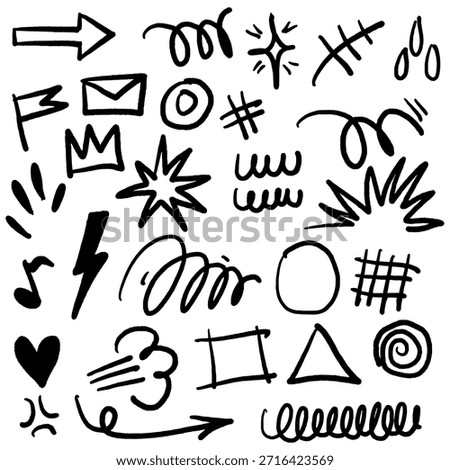 collection of abstract hand drawn doodle elements. Includes arrows, hearts, crowns, musical notes, starbursts, and swish lines. Minimalist ink sketch decorative symbols for social media, journals, and creative graphic design projects. Vector illustration.