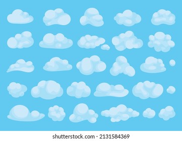 Collection of abstract, hand drawn, flat style colored with basic shading clouds.