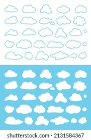Collection of abstract, hand drawn, plain colored and linear clouds.