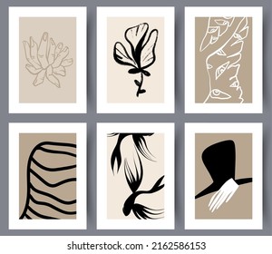 Collection of abstract hand drawn printable art wall posters and placards. Set of modern simple minimalistic artworks for print. Vector illustration. 