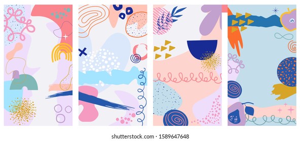 Collection of abstract hand drawn various background for mobile app and social media content. Minimalist modern trendy vector illustration. Editable vector illustration.