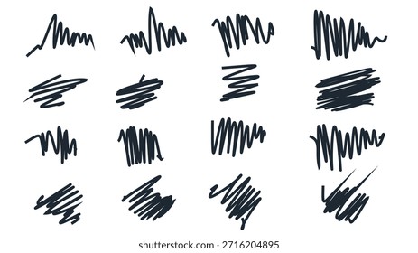 Coleção de rabiscos pretos desenhados à mão abstratos: um conjunto de 16 traços de tinta expressivos, linhas bagunçadas e esboços emaranhados sobre um fundo branco para design gráfico criativo e decoração de arte