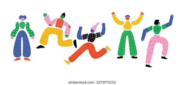 A collection of abstract hand-drawn characters in different poses. Bright, humanized bots for website and application design.