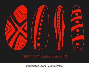 Colección de Elementos abstractos de doodle dibujados a mano en negro y rojo con patrones geométricos, ideales para diseño creativo, decoración o fondos.