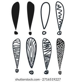 Collection of Abstract Hand-Drawn Exclamation Marks: A Set of 8 Creative Black Ink Icons with Unique Patterns and Textures Over a White Background for Expressive Graphic Design and Branding