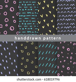 Collection of abstract hand-drawn seamless patterns. Use in various types of design and decor.