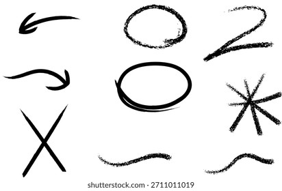 Una colección de Elementos abstractos dibujados a mano en negro sobre un fondo blanco, con flechas, círculos, una cruz, un estallido estelar y líneas onduladas para fines de diseño.