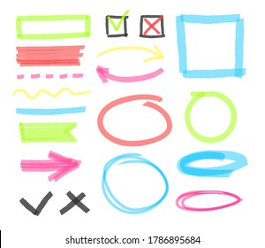 Colección de marcadores abstractos pintados a mano. Conjunto vectorial de marcas de resaltado coloridas, trazos, rayas y flechas. Elementos de diseño de marcadores resaltados. aislado de fondo blanco.