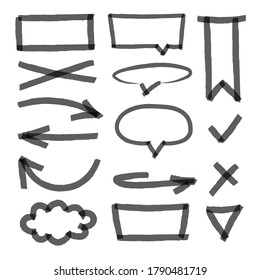 Colección de marcadores abstractos pintados a mano. Conjunto vectorial de marcas de resaltado, trazos, rayas y flechas negras. Elementos de diseño de marcadores resaltados aislados en fondo blanco.
