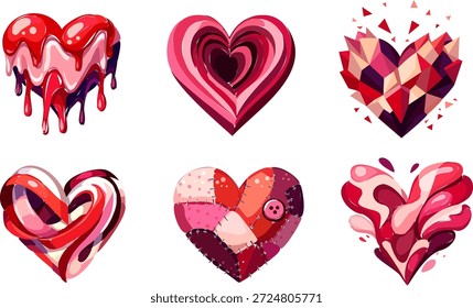 Colección de Formas abstractas de corazón en diferentes estilos y texturas. Perfecto para el amor, el romance y los diseños de San Valentín.