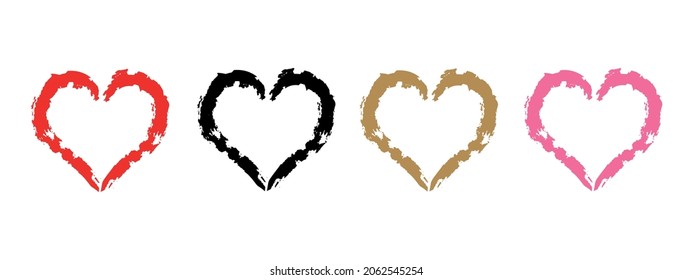 Collection abstract hearts with grunge texture. Love symbol in red, black, gold, pink colors. Hand made brush. For valentine's day, birthday, wedding. Vector illustration.