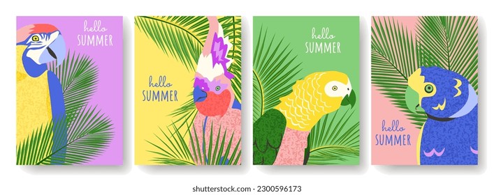 Collection of abstract hello summer background with parrots palm leaves in bright colors. Tropical hand drawn posters set. Macaw cockatoo parrot card for sale, social media. Vector illustration.