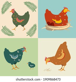 Collection of abstract hens. Easter concept art.