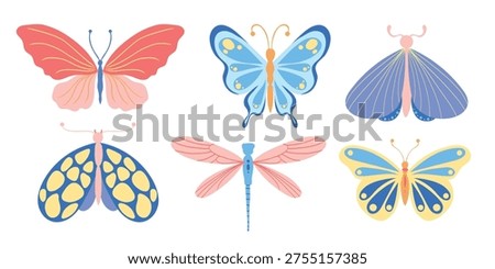 Collection of abstract illustrations with butterfly, dragonfly and moth in bright colors. Set of insects