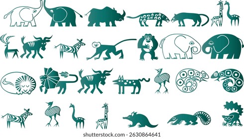 A collection of abstract illustrations featuring various African animals showcasing a unique and decorative artistic style.