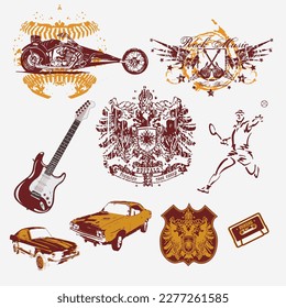 Collection of abstract illustrations for T-shirt design. vector red bike, Cars, logos, Icons, Guitar, badminton player, and many objects in one document. yellow and Merron color illustrations