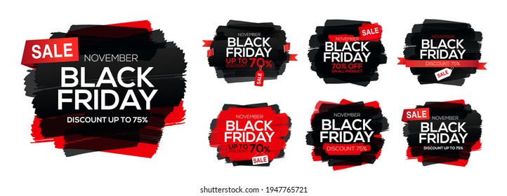 Collection abstract ink blots with Black Friday sale inscription. Black Friday template set for your banner or poster. Sale and discount. Vector illustration