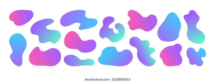 Coleção de formas de bolhas irregulares abstratas com gradientes de neon e textura de grãos macios em tons de rosa, azul, verde e roxo.