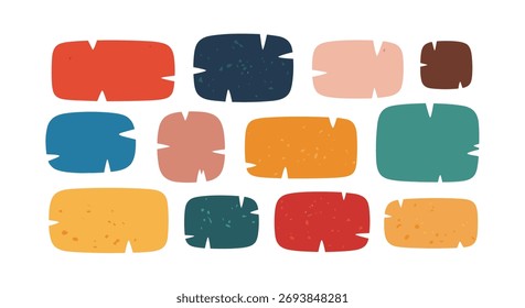 A collection of abstract, irregularly shaped rectangles in various colors and sizes, featuring rough, distressed edges, arranged on a white background.