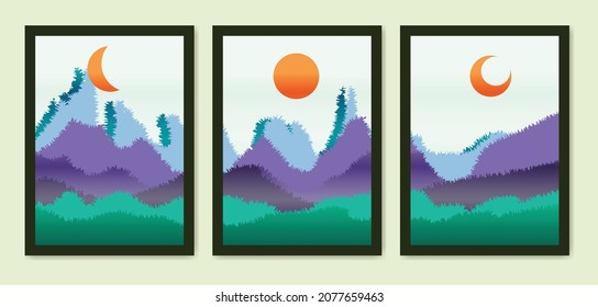 collection of abstract landscape montain hand drawn illustrations for wall decoration, postcard or brochure, cover design, stories, social media