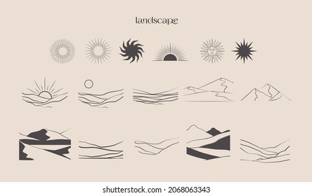 Colección del paisaje abstracto en un estilo de línea. Ilustración de vectores editable.