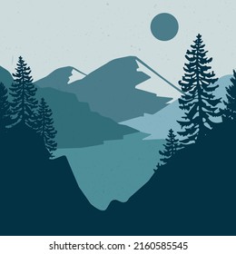 Collection of abstract landscapes. Sun, mountains, moon, trees, lakes, rivers. Japanese style. Modern layouts, trendy colors. Vector illustration.