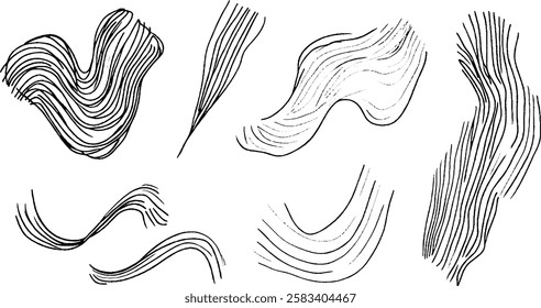 A collection of abstract line art designs featuring various flowing and wavy patterns. The lines vary in thickness and direction, creating a dynamic visual effect.