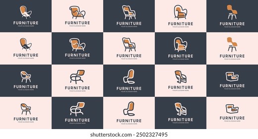 Collection of abstract line logo shape chair, furniture, interior decoration, design vector template.