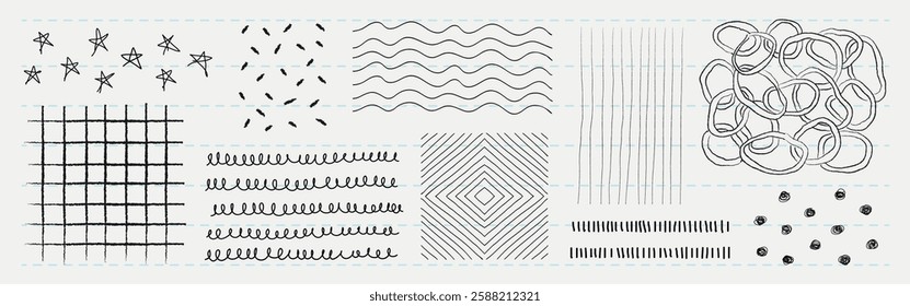 Collection of abstract line patterns. Includes wavy lines, stars, grids, and loops. Black and white abstract designs with varied line patterns. Doodle element isolated vector set.