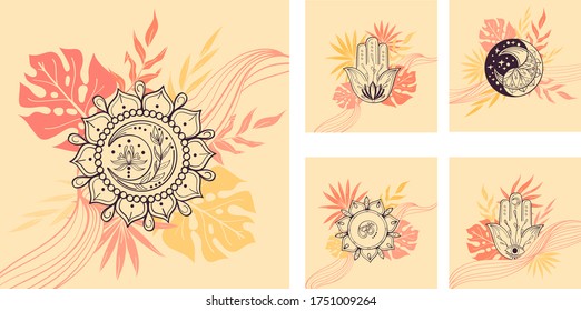 Colección de composición lineal abstracta pre-hecha con símbolo de yoga, hamsa, mandala, om, hoja tropical en color violeta, amarillo, coral. Ilustración de moda vectorial para invitación, carta de estilo indio