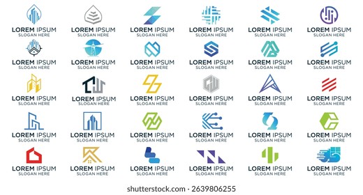 Collection of abstract logo design inspiration, building, technology, business, modern, branding logo.