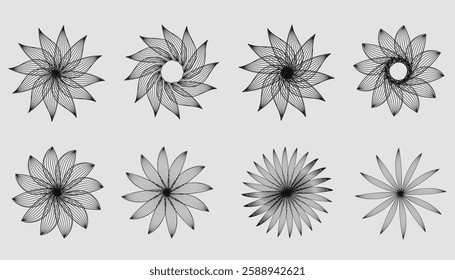 A collection of abstract mandala patterns with botanical-inspired designs created using smooth blended lines. Vector illustration.