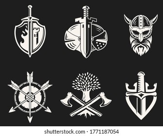 Collection abstract medieval composition isolated on black background. Template for logo, label, emblem, badge. Vector illustration.