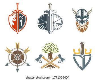Sammlung abstrakte mittelalterliche Komposition einzeln auf weißem Hintergrund. Vorlage für Logo, Etikett, Emblem, Badge. Vektorgrafik.