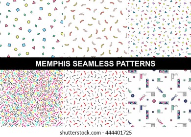 Collection of abstract memphis colorful patterns with mosaic shapes - seamless. Retro fashion style 80 - 90s. Festive decoration backgrounds. Similar to confetti