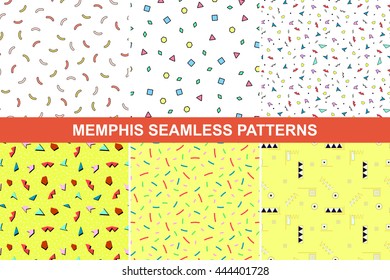 Collection of abstract memphis colorful patterns with mosaic shapes - seamless backgrounds. Retro style. Fashion 1980-1990s.