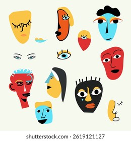 collection of abstract memphis style faces and characters, surreal shapes, bold outlines, quirky and artistic, vector flat illustration on white backgroun