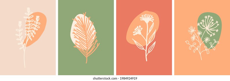 Collection of abstract minimal botanical illustrations with round backgrounds. Bundle of separate vector plants and geometrical elements in earthy tones.