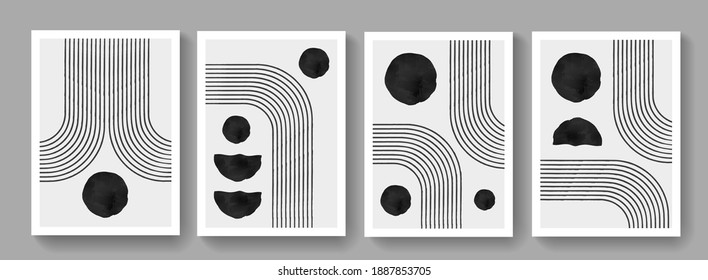 Collection of abstract minimalist mid century modern posters. Hand painted composition for wall art. Simple geometric artwork.