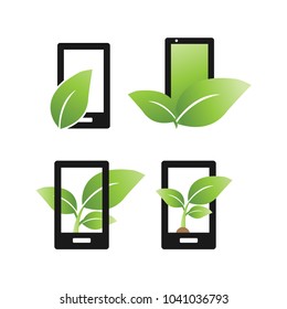 Collection of abstract mobile phone and green leaf logo and icon design template