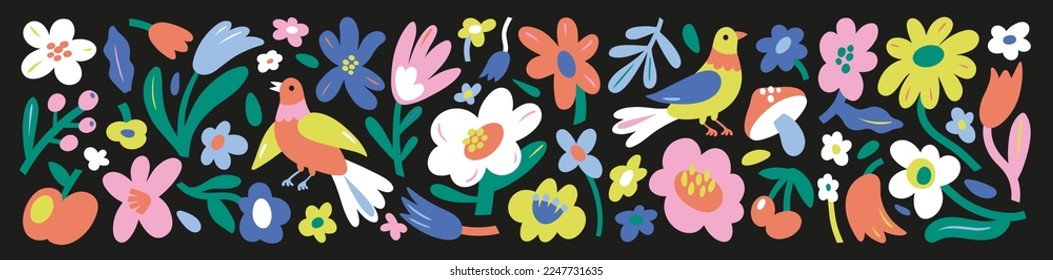 Collection of abstract modern floral elements. Botanical set in flat minimalist style. Contemporary art. Decorative flowers, leaves and birds isolated on a black background. Vector illustration.