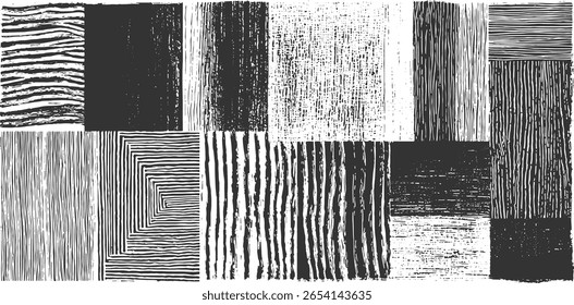 Uma coleção de padrões monocromáticos abstratos com diversas texturas e arranjos de linhas geométricas.
