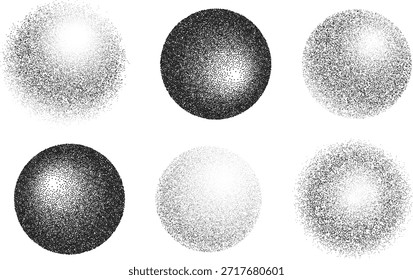 Collection of abstract monochrome sphere graphics illustrates various stipple shading techniques using dot density to achieve different levels of light and shadow effect across the forms.