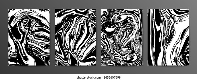 Collection of abstract monochrome vector marble background. Black and white ink marble texture. Marble effect painting. Mixed acrylic paints. Creative liquid surface effect. Abstract modern wallpaper