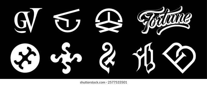 collection of abstract monogram logos, letters GV, fortune, helmet, letters ST, letters B love, etc