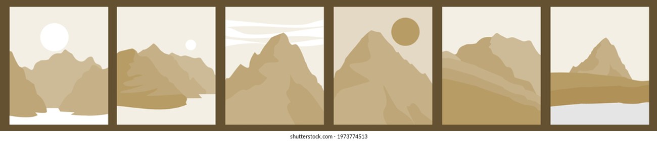 Collection of abstract mountain landscape posters. Contemporary art print template set. Nature backgrounds for social media. Sun and moon, sea, mountains, river bundles