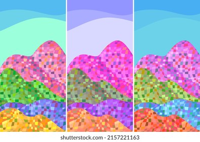 Collection of abstract mountain landscapes in vector. Multi-colored mosaic mountains and the sky of different shades. Package design, poster. Beautiful illustration.