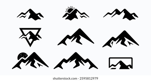 collection of abstract mountain silhouette logo designs with black color on white background for adventure and adventure