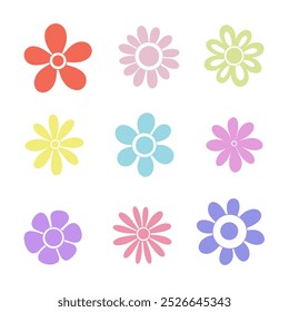 A collection of abstract multicolored flowers isolated on a white background. The botanical illustration is hand-drawn. A beautiful floral element for a holiday, decorations, retro style greetings