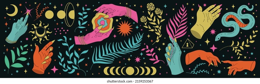 Collection of abstract mystical female hands with flowers, drawn in cartoon style, touching, divination with palms. Vintage vector stickers